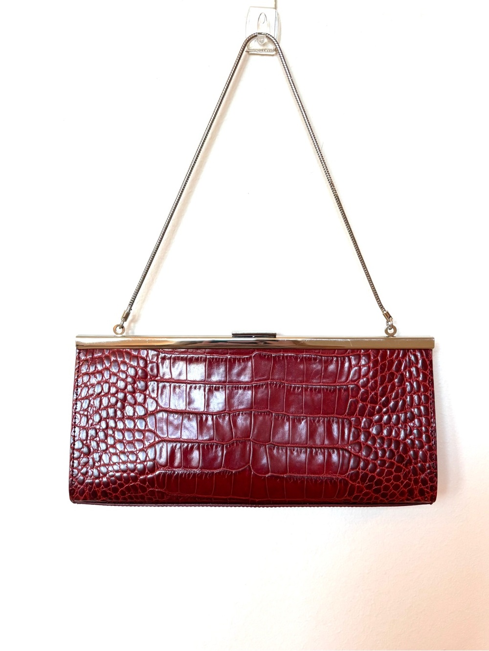 Vintage Dark Cherry Croc embossed genuine leather purse with silver strap